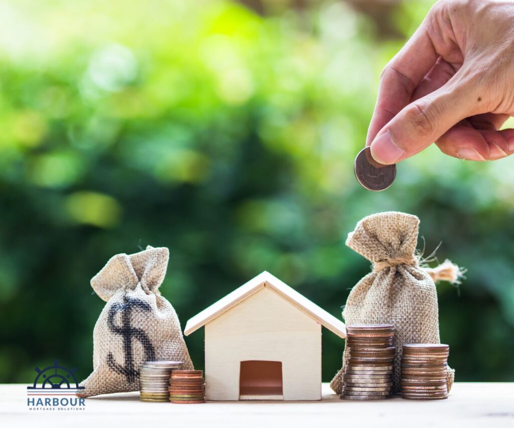 Understanding mortgages a wooden toy house with little bags of money either side of it,