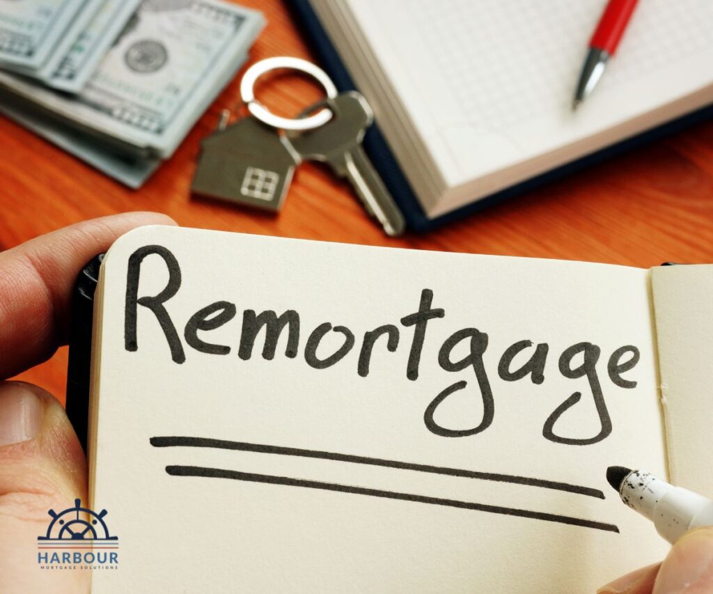 remortgage your home a book with 'remortgage' written on it and a key with a house keychain