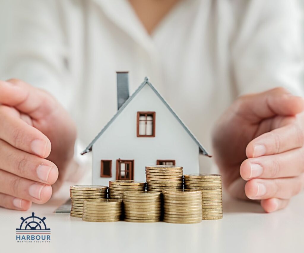 remortgage your home, a man's hands surrounding a toy house with coins stacked before it