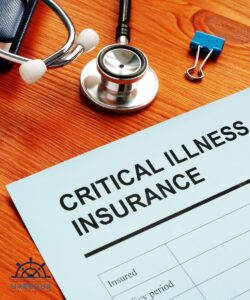 critical illness cover a sheet saying critical illness insurance on a desk with a stethoscope and bulldog clip