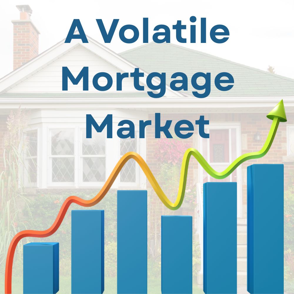 A volatile mortgage market written above a climbing bar graph, a house in the background