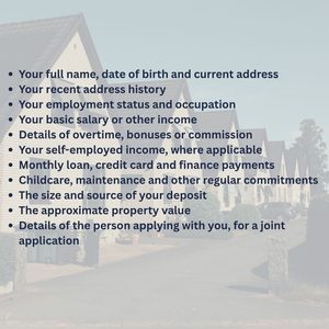 opaque image of houses with the list of things you need for a mortgage agreement in principle application written on top